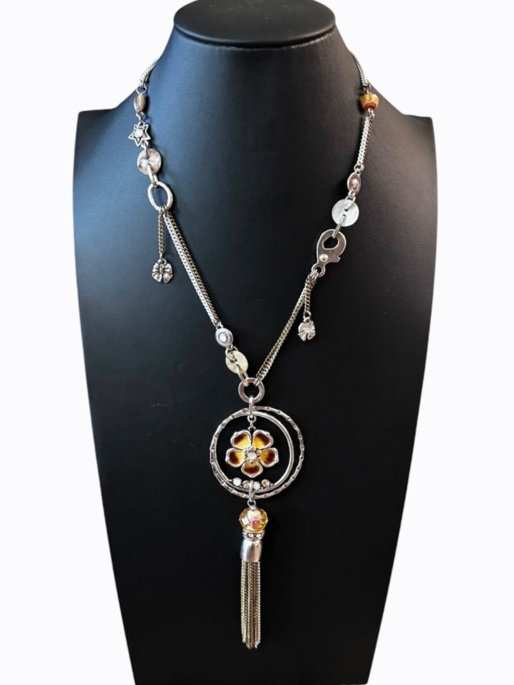 Womens Antique Brass Plated Steel Pendant Necklace Gold Brown White